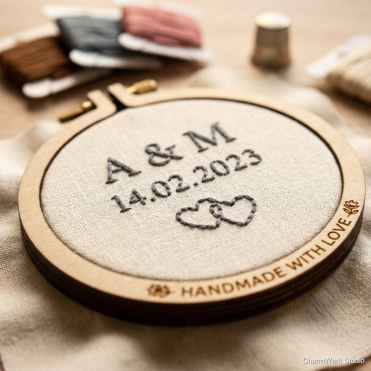 Bestickter Paar-Hoop mit eurem Kennenlern-Datum - Detailansicht