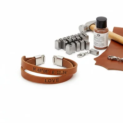 Paar-Armband aus Leder mit handgeprägten Koordinaten
