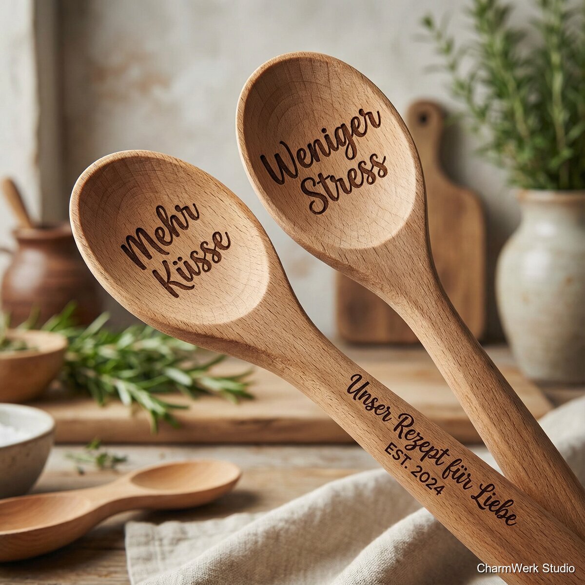 Graviertes Kochlöffel-Set „Unser Rezept für Liebe“ - Detailansicht