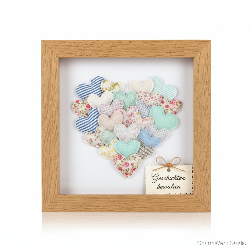 Personalisierter Erinnerungsrahmen mit Stoffherz-Collage