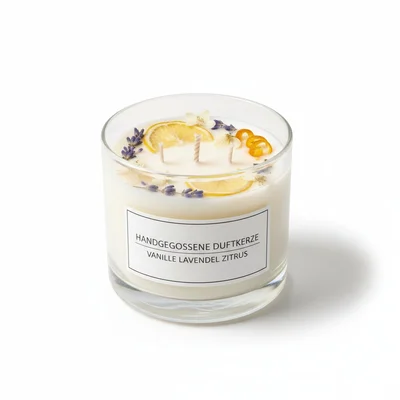 Handgegossene Duftkerze mit gepressten Blüten
