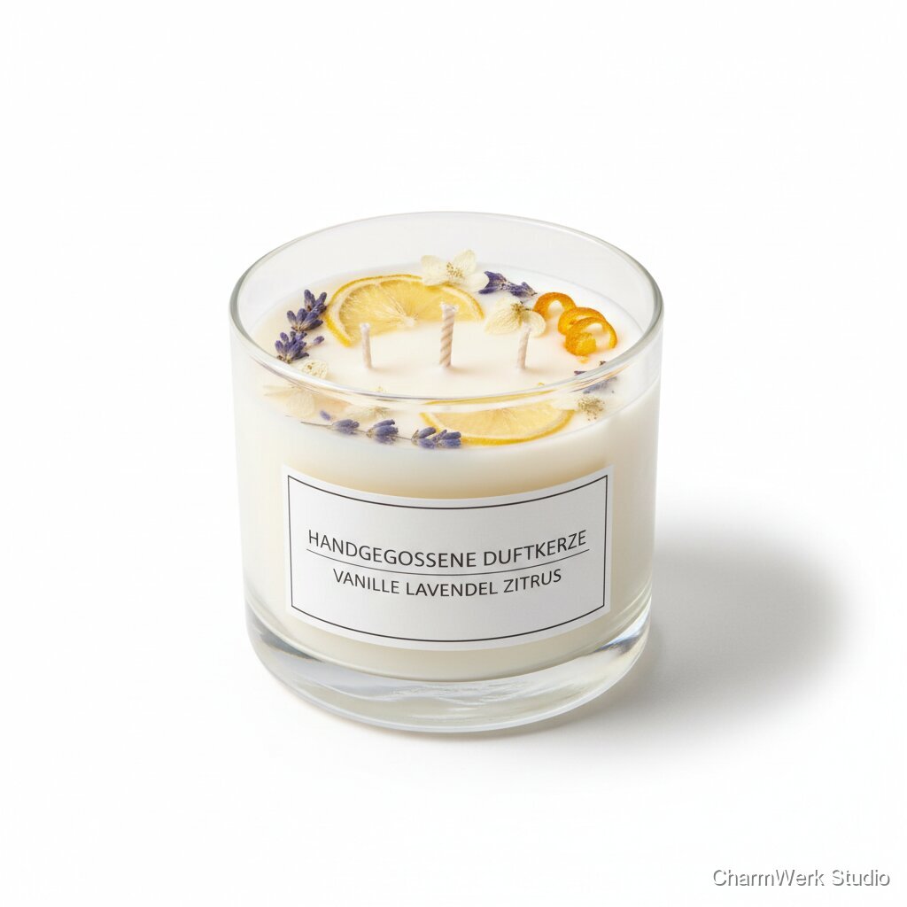 Handgegossene Duftkerze mit gepressten Blüten