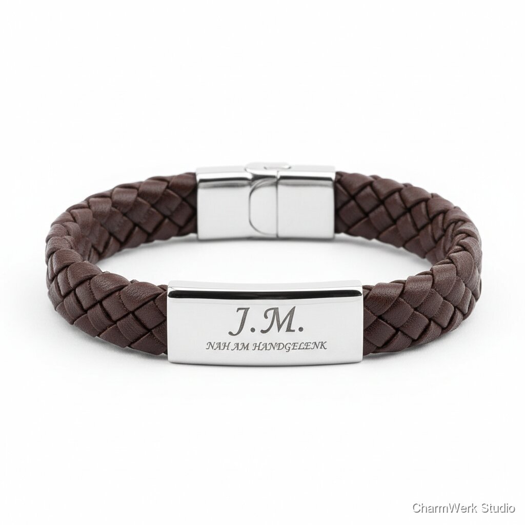 Lederarmband geflochten mit Gravurplakette-Optik