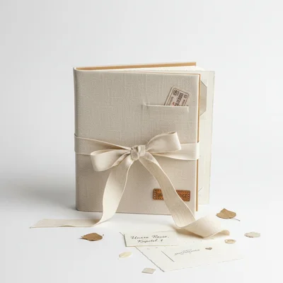 Handgefertigtes Fotoalbum mit Stoffeinband und Schleife