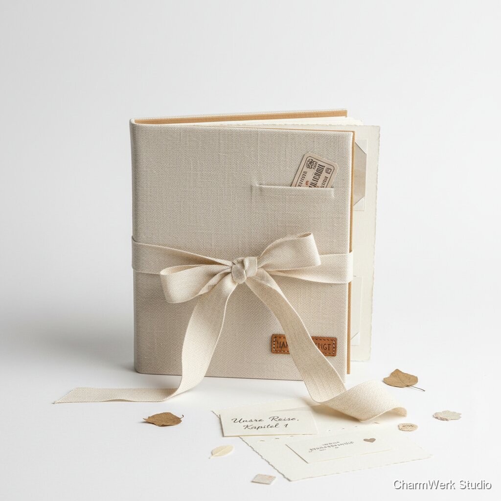 Handgefertigtes Fotoalbum mit Stoffeinband und Schleife