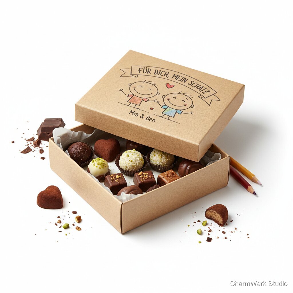 Selbstgemachte Pralinen-Box mit handgezeichnetem Deckel