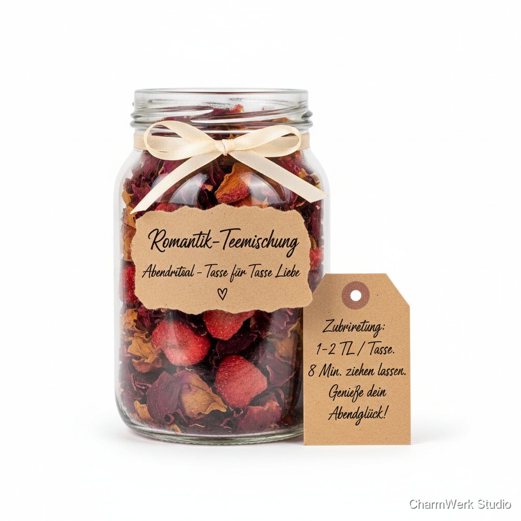 Romantik-Teemischung im Glas mit handgeschriebenem Etikett