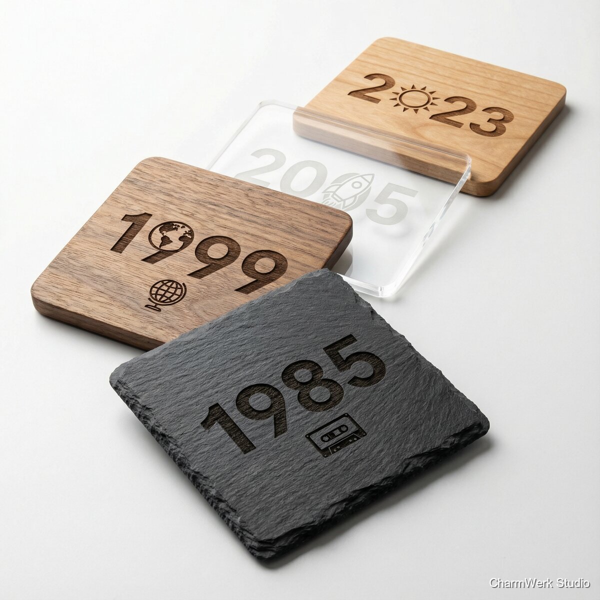 Lasergravierte Untersetzer mit Jahreszahlen-Reihe - Seitenansicht