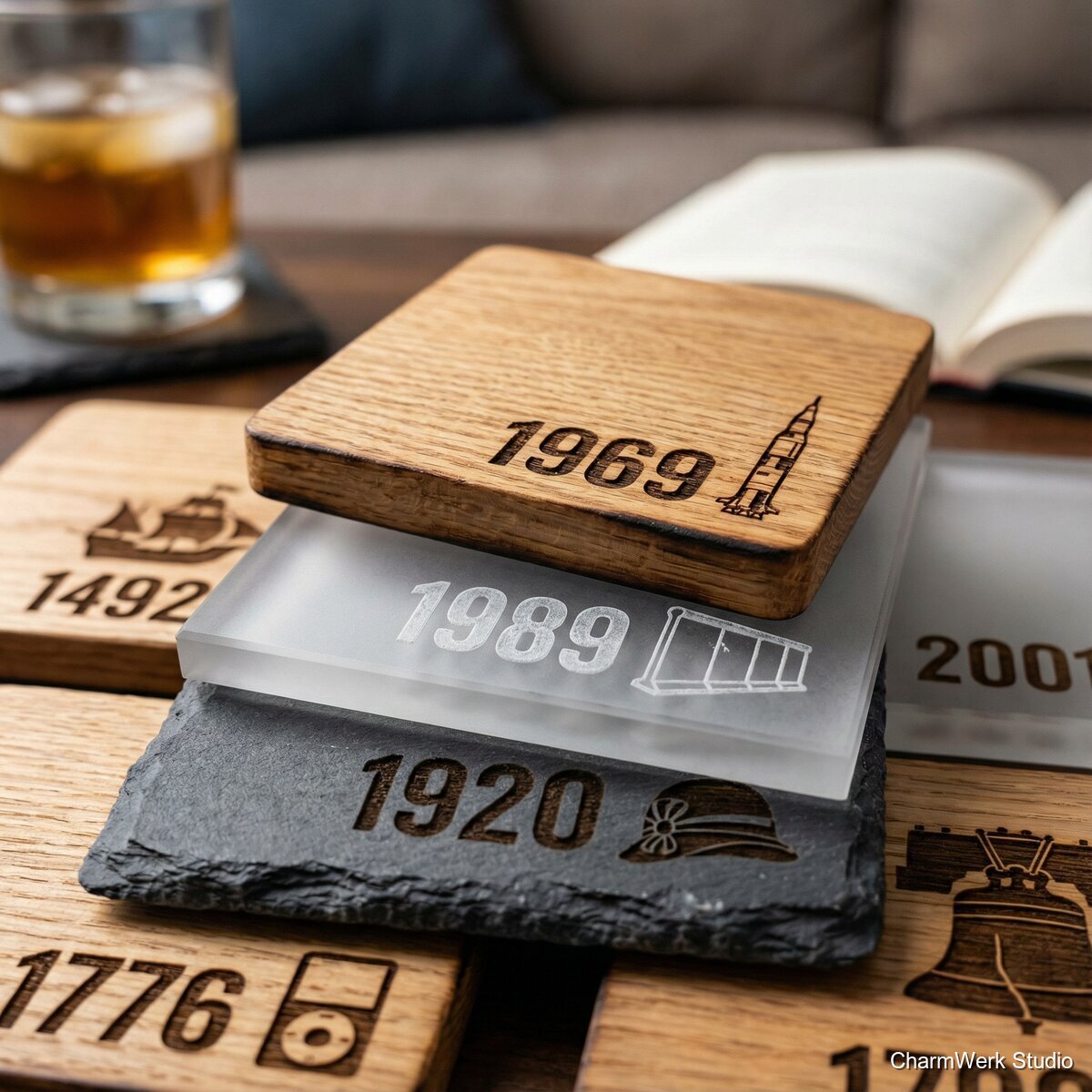 Lasergravierte Untersetzer mit Jahreszahlen-Reihe - Detailansicht
