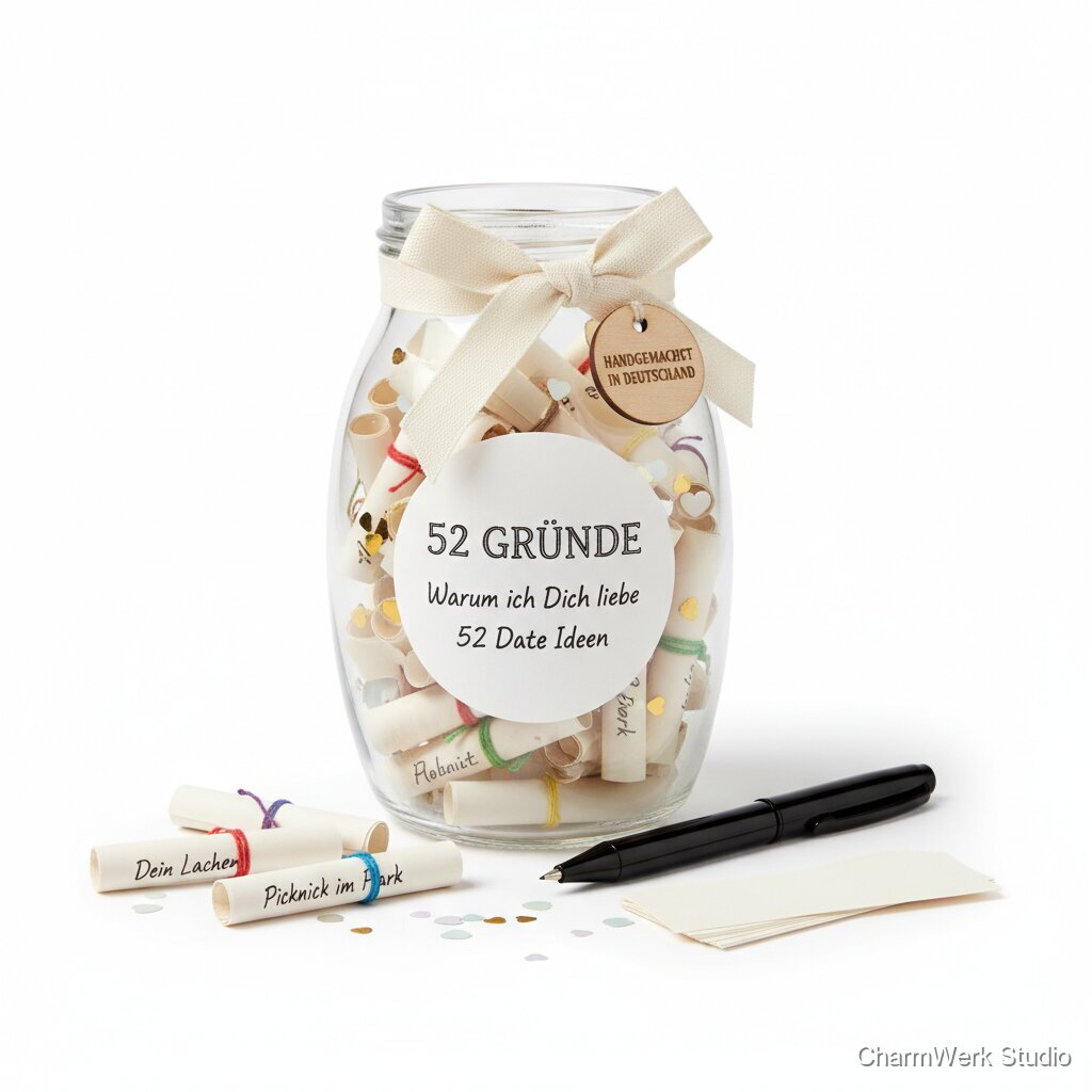 „52 Gründe“-Glas mit handgeschriebenen Liebes-Zetteln