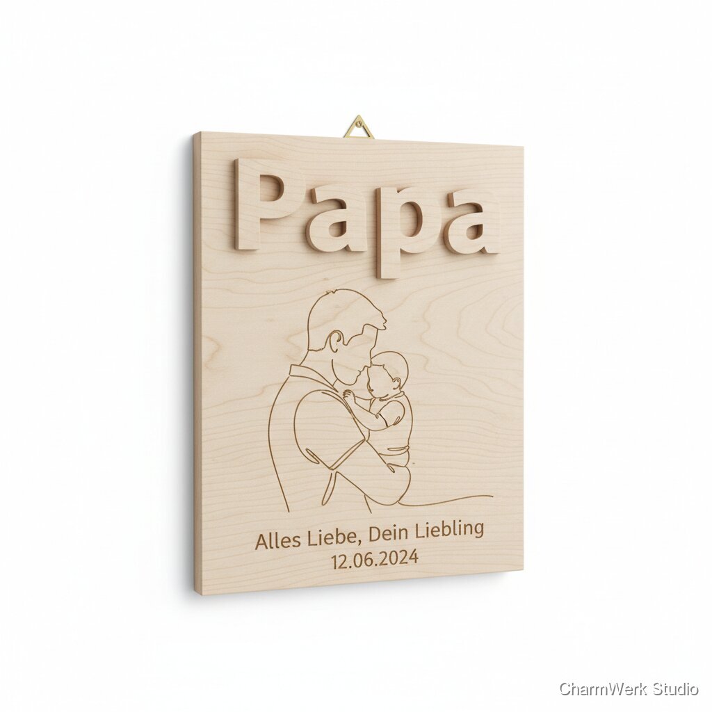 CNC-Holzkarte „Papa“ als Relief mit Foto-Kontur