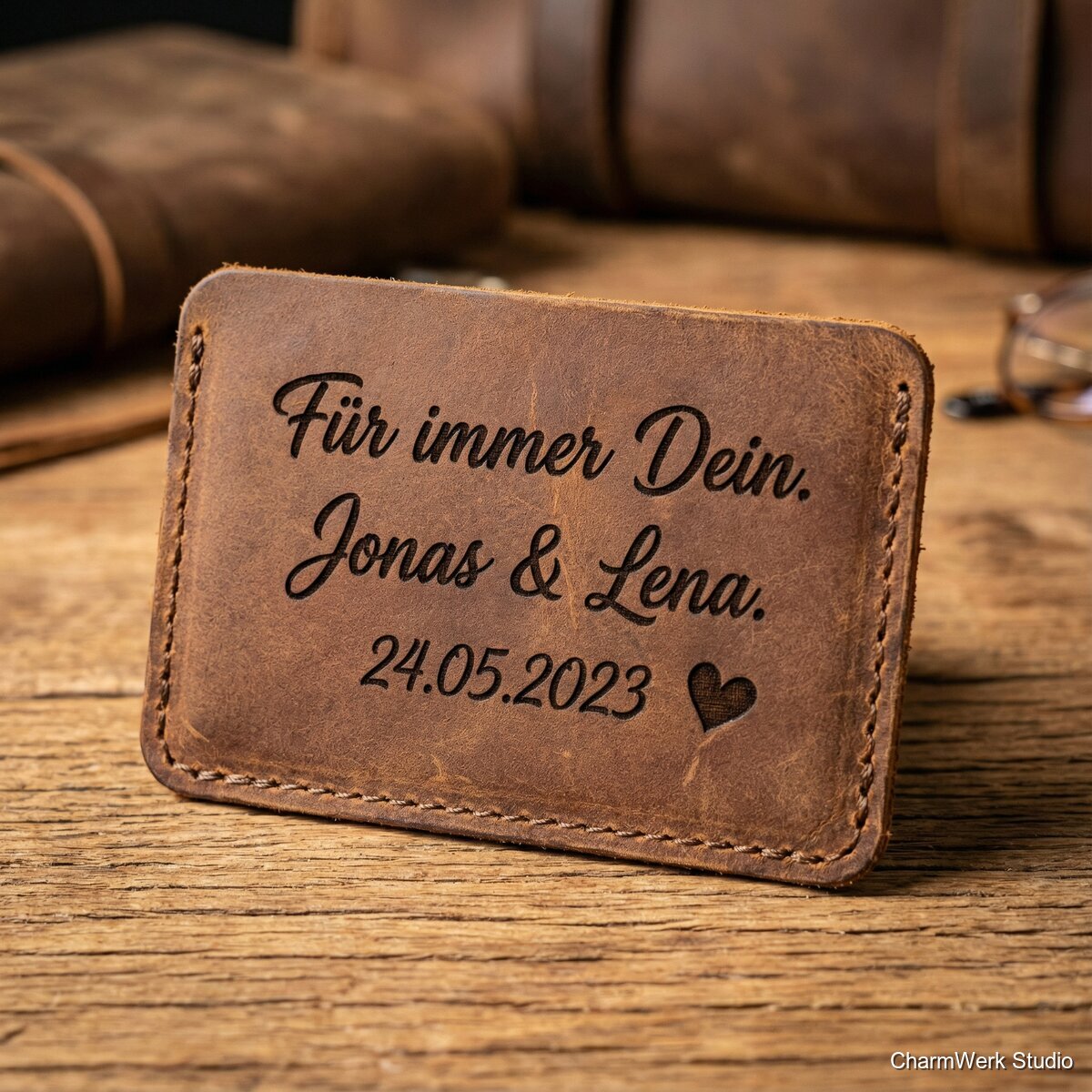 Leder-Portemonnaiekarte mit Liebesbotschaft - Detailansicht