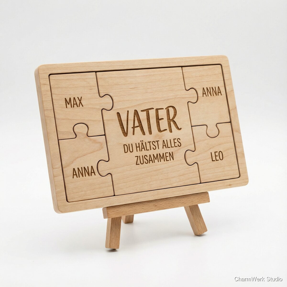 CNC-gefräste „Vater-Kind“-Puzzleplakette mit Namen - Seitenansicht