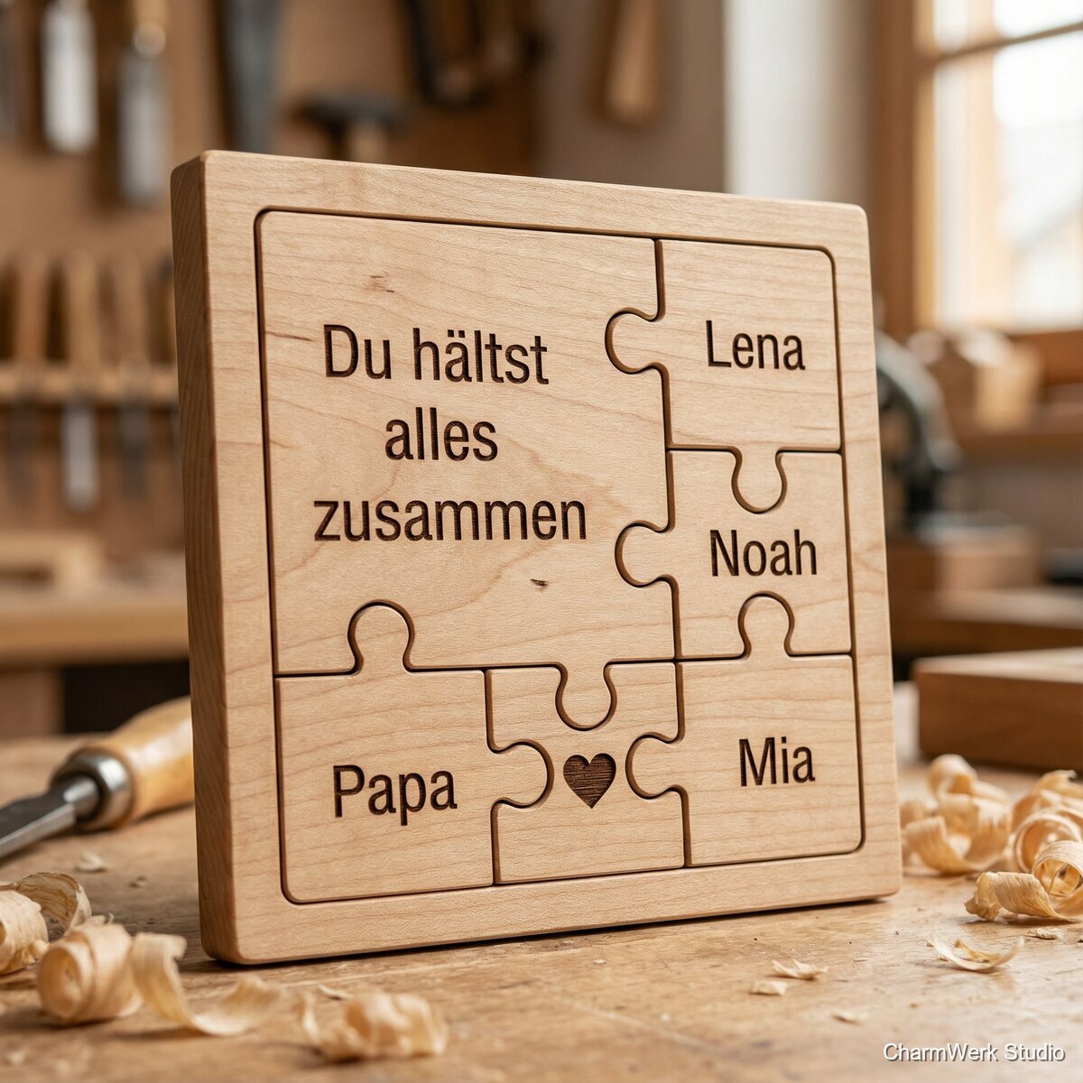 CNC-gefräste „Vater-Kind“-Puzzleplakette mit Namen - Detailansicht