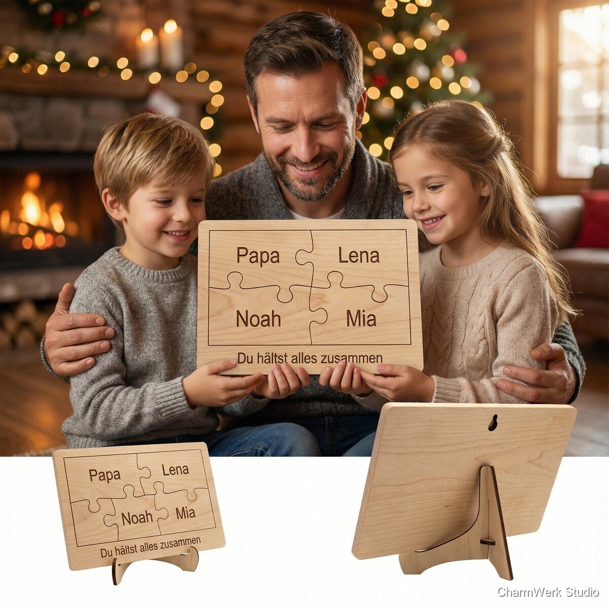 CNC-gefräste „Vater-Kind“-Puzzleplakette mit Namen - Lifestyle