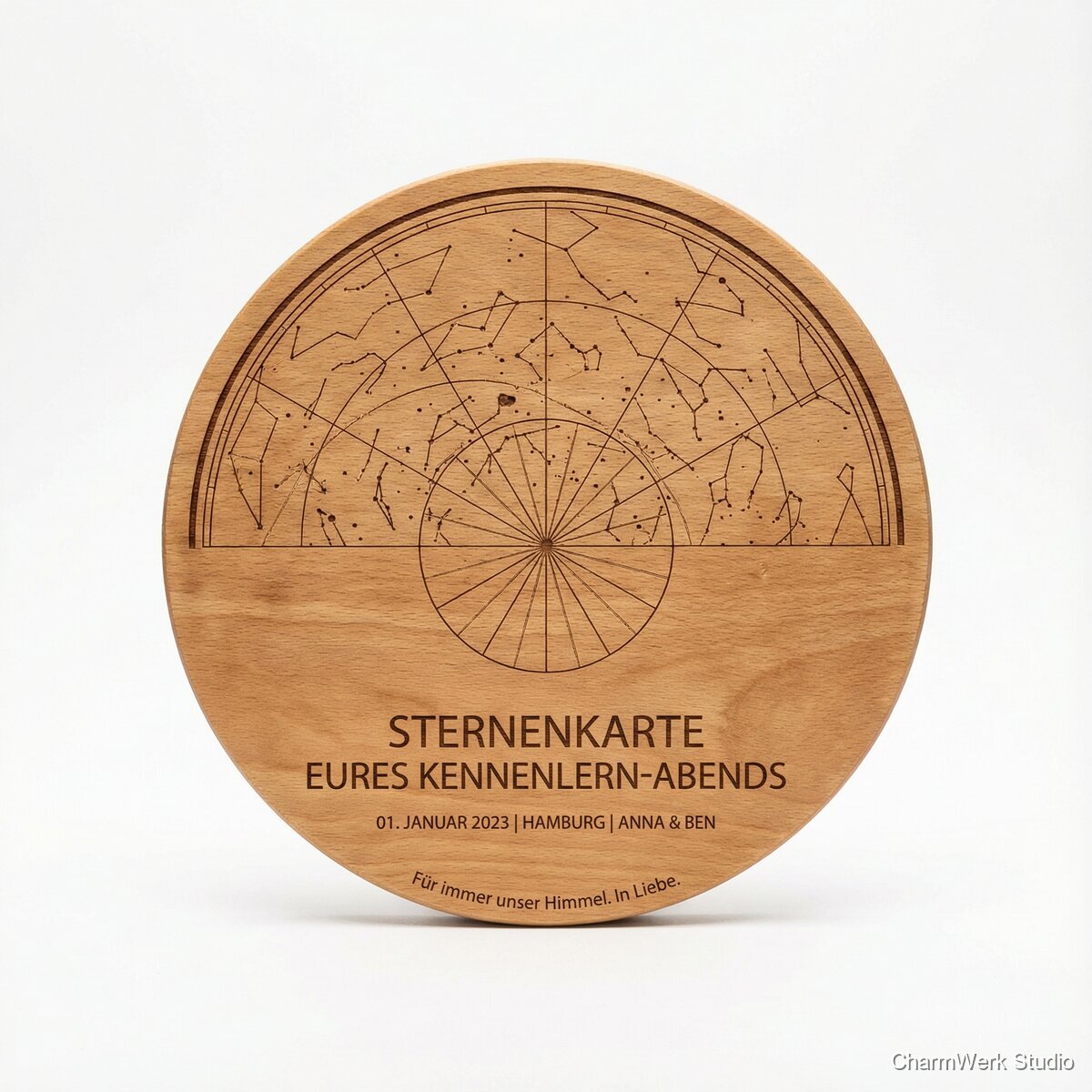 Sternenkarte eures Kennenlern-Abends auf Holz