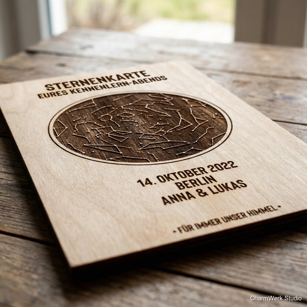 Sternenkarte eures Kennenlern-Abends auf Holz - Detailansicht
