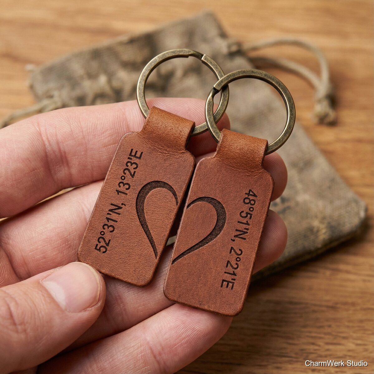 Paar-„Koordinaten“-Schlüsselanhänger-Set aus Leder - Detailansicht