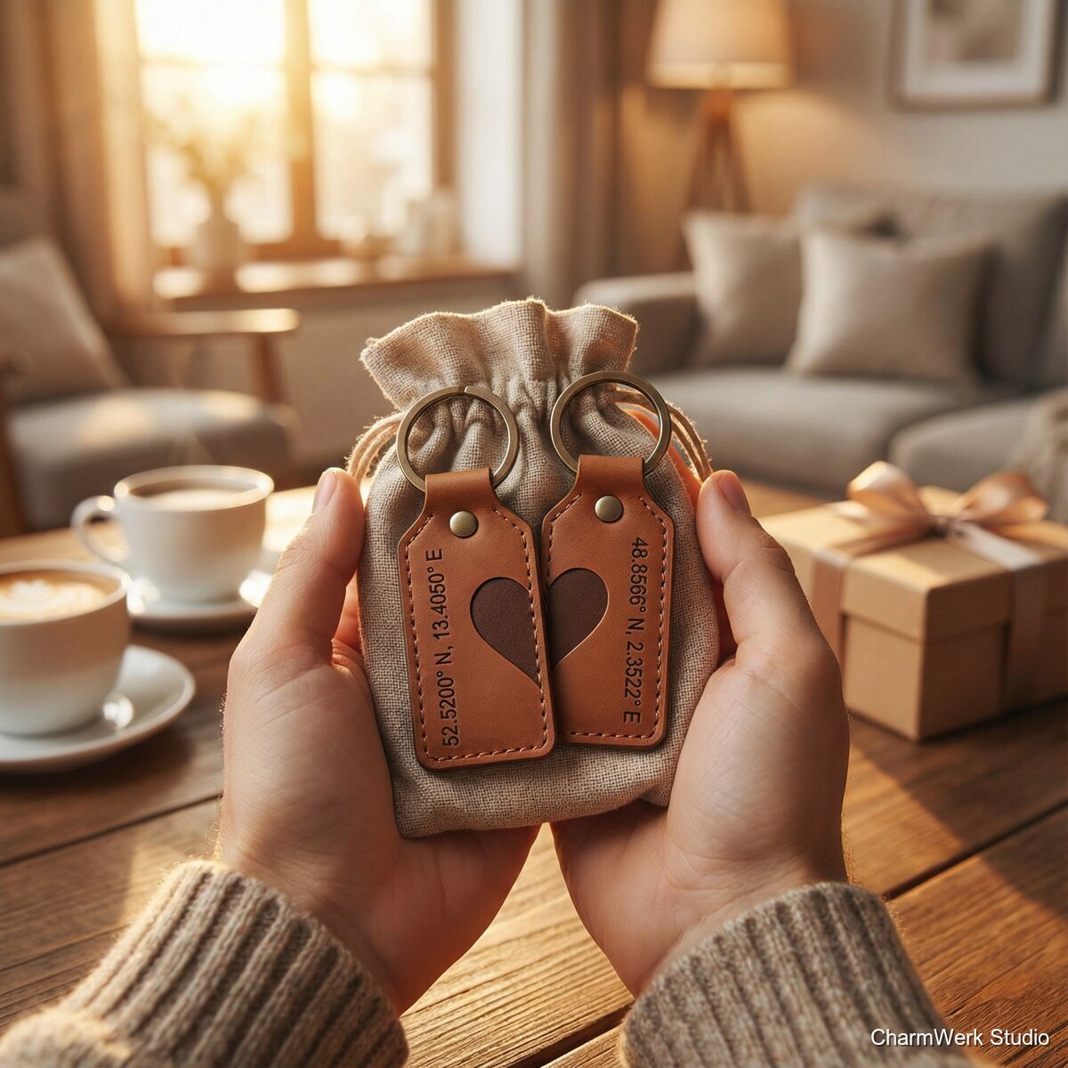 Paar-„Koordinaten“-Schlüsselanhänger-Set aus Leder - Lifestyle
