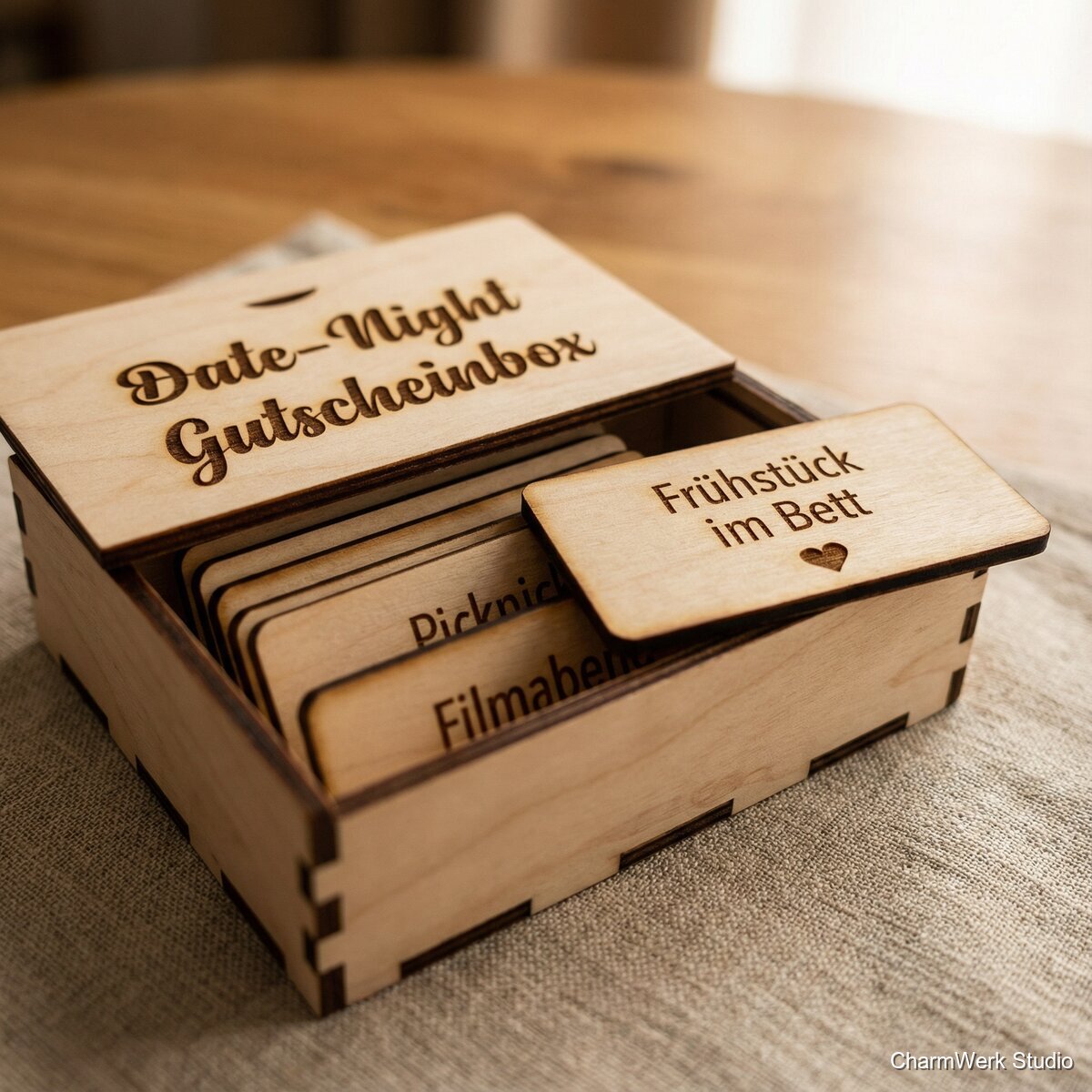„Date-Night“-Gutscheinbox mit 12 gravierten Karten - Detailansicht