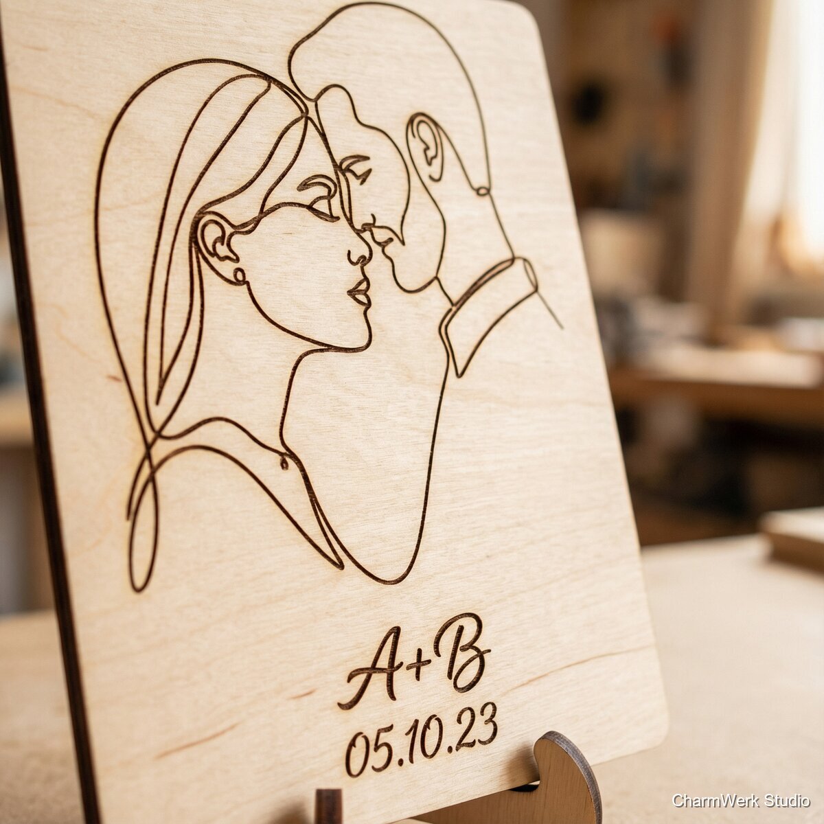 Foto-„Linienkunst“-Portrait auf Holzplatte - Detailansicht