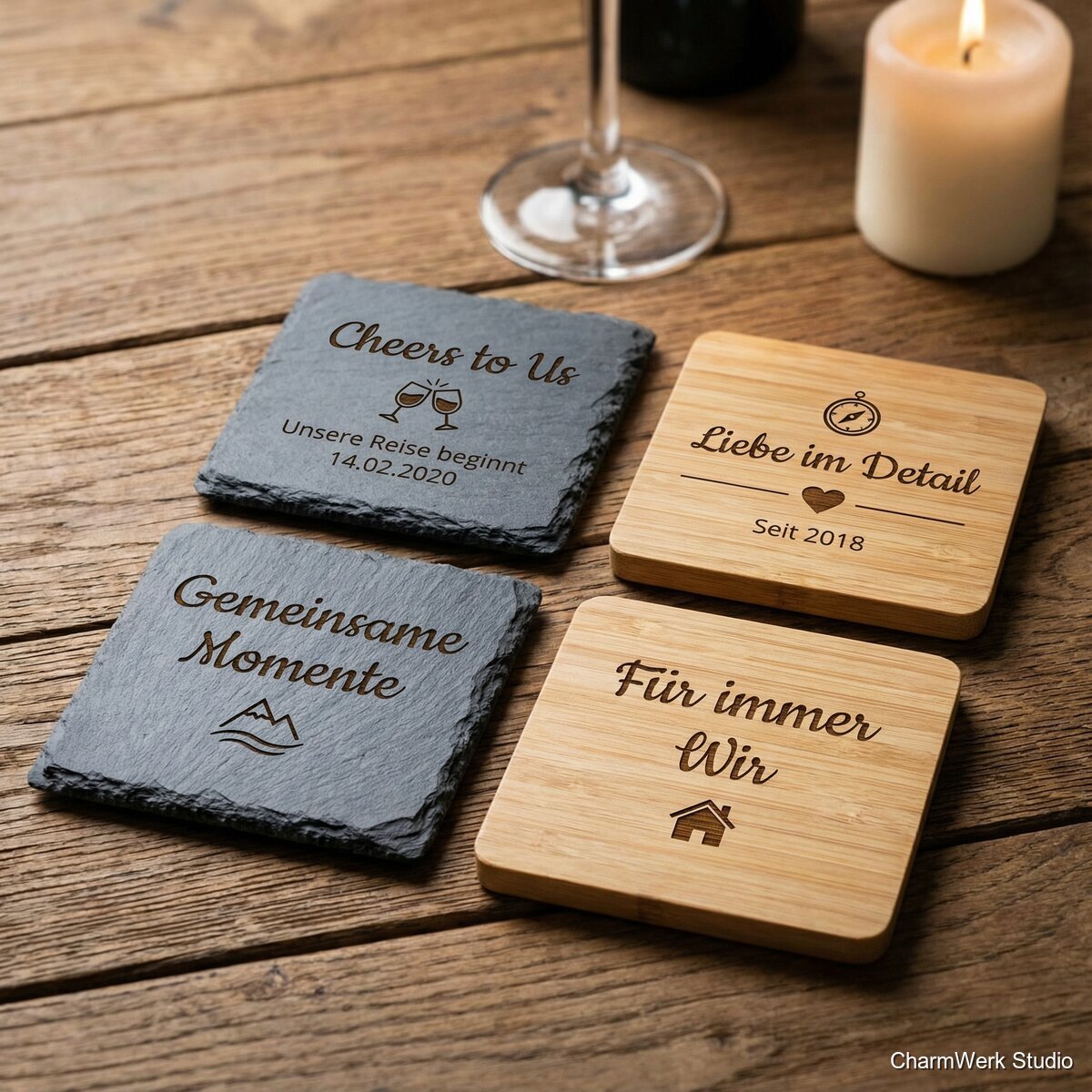 Weinglas-Untersetzer-Set „Cheers to Us“ - Detailansicht