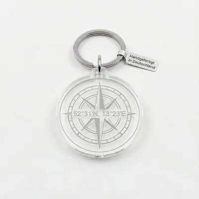 Acryl-Schlüsselanhänger als „Koordinaten-Kompass“