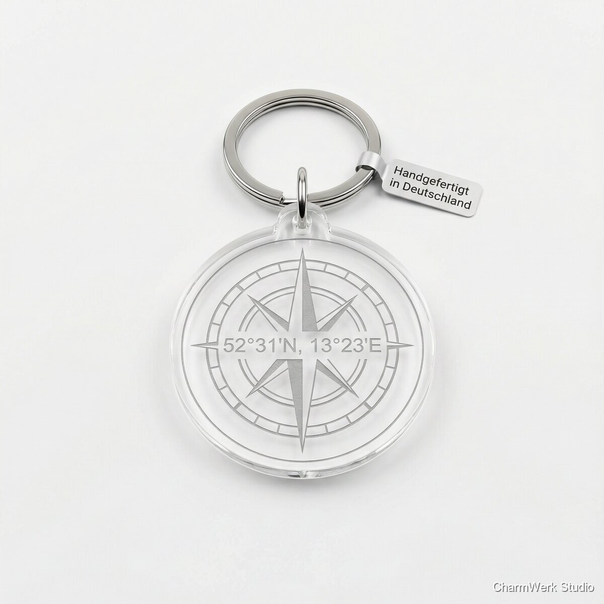 Acryl-Schlüsselanhänger als „Koordinaten-Kompass“