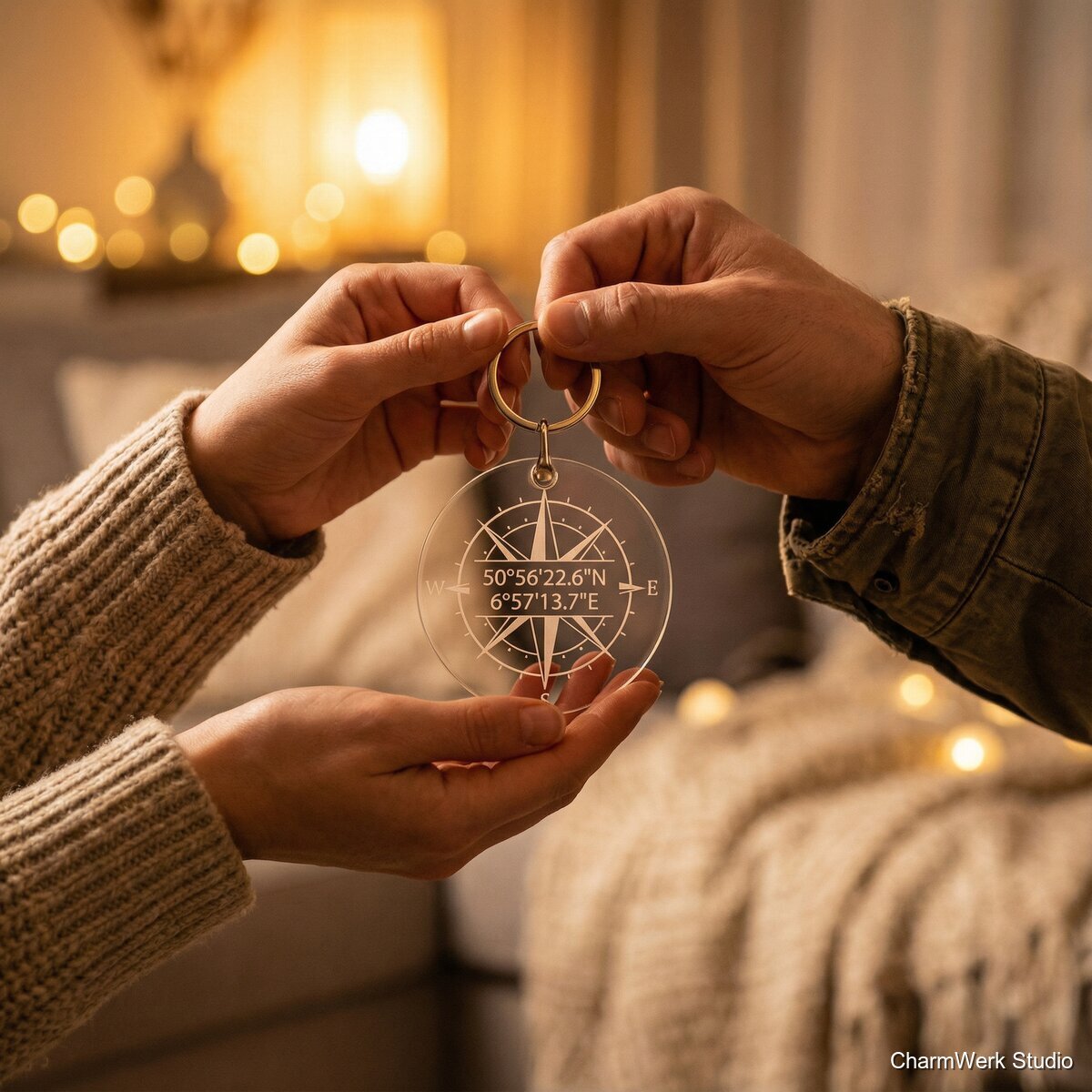 Acryl-Schlüsselanhänger als „Koordinaten-Kompass“ - Lifestyle