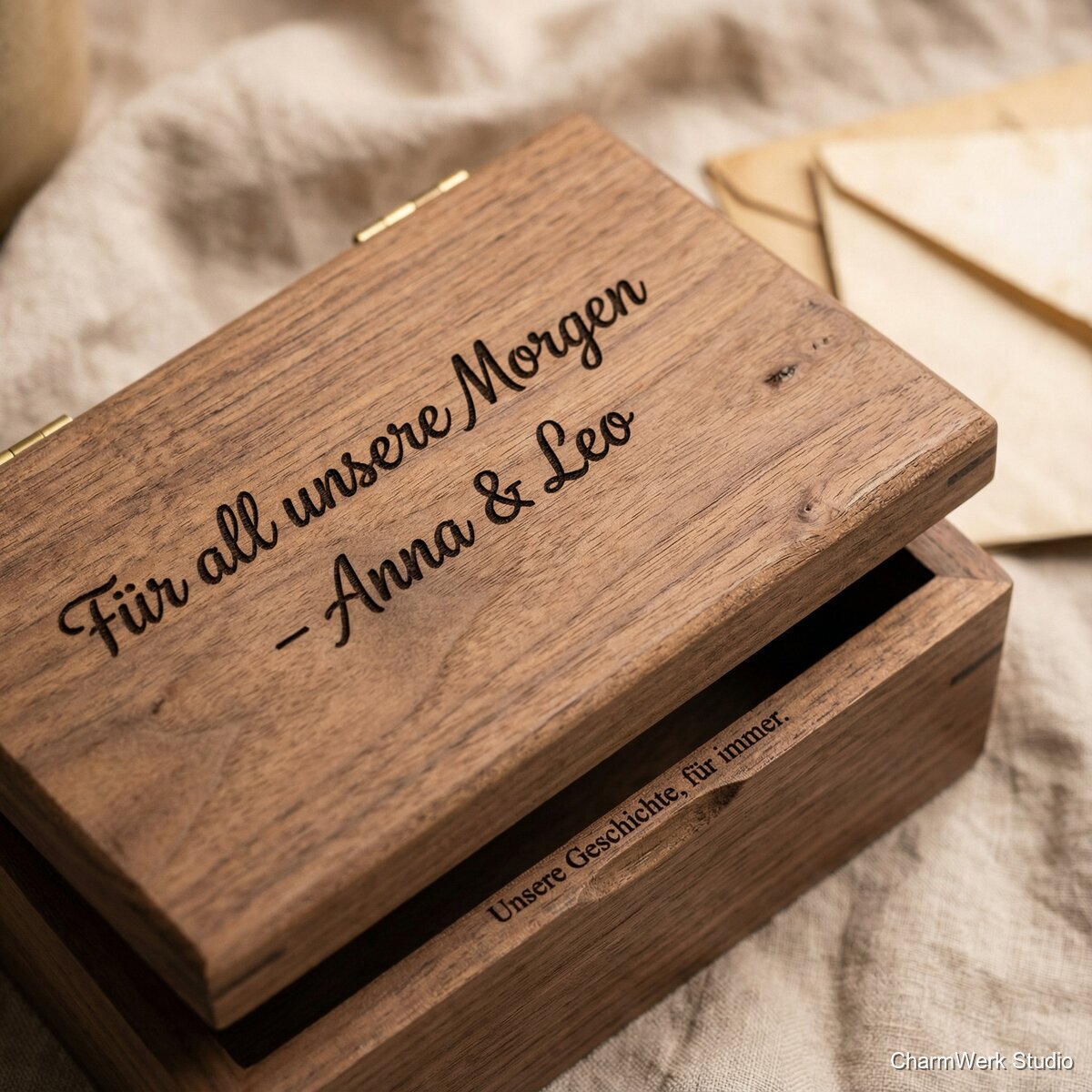 Liebesbrief-Box mit graviertem Deckelzitat - Detailansicht