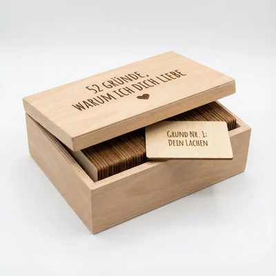„52 Gründe“-Kartenbox mit graviertem Deckel