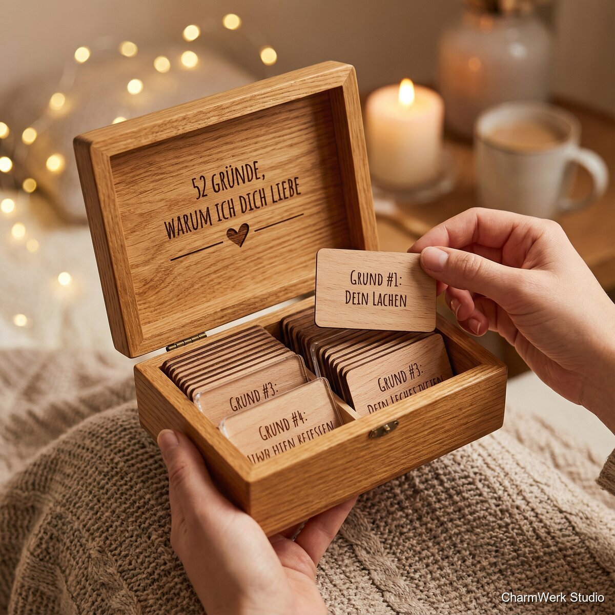 „52 Gründe“-Kartenbox mit graviertem Deckel - Lifestyle