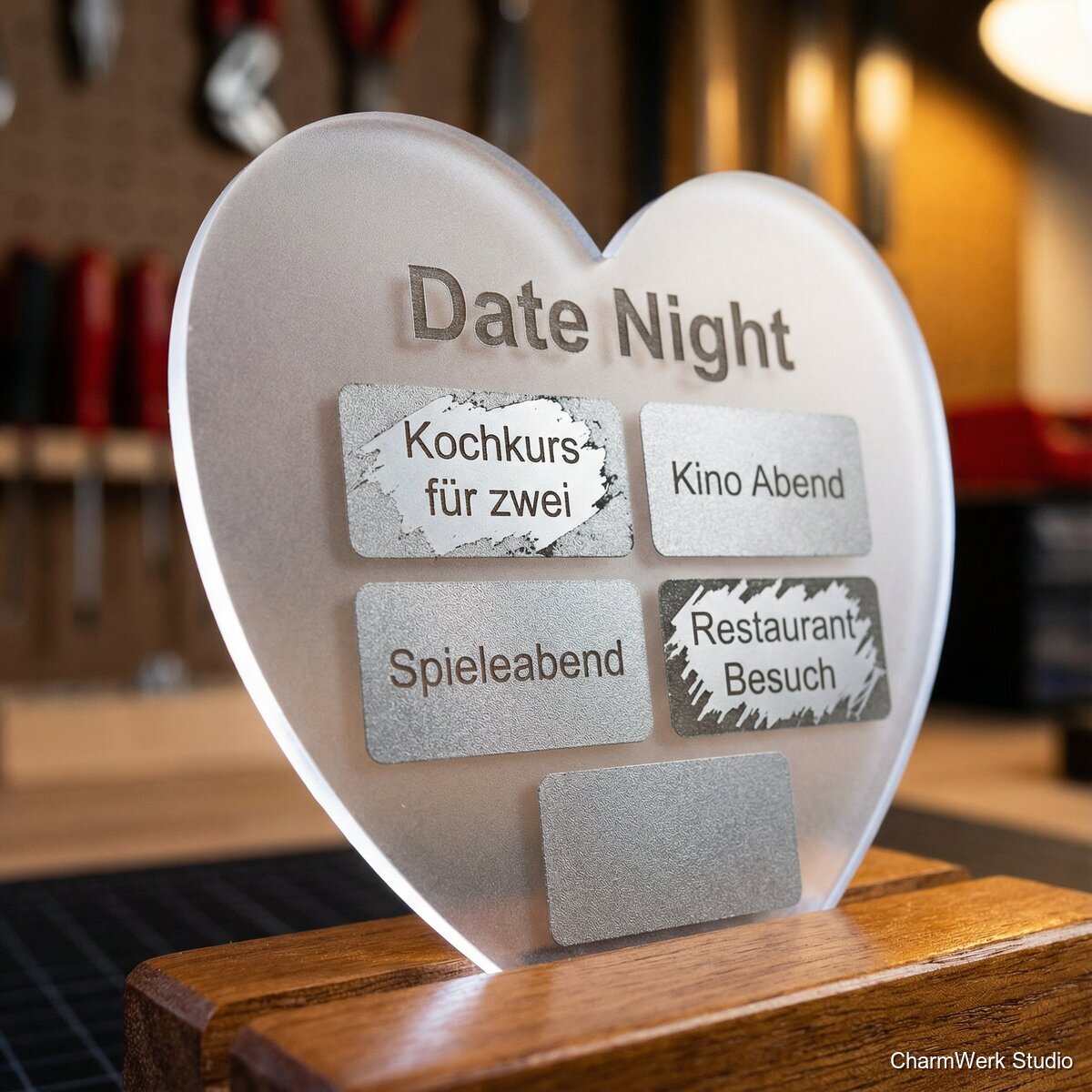 Acryl-Herz mit „Date Night“-Rubbel-Look Gravur - Detailansicht