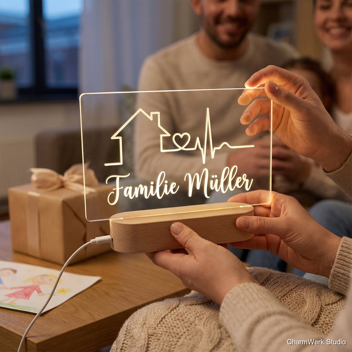 Acryl-Edge-Lit Nachtlicht mit Familienmotiv - Lifestyle