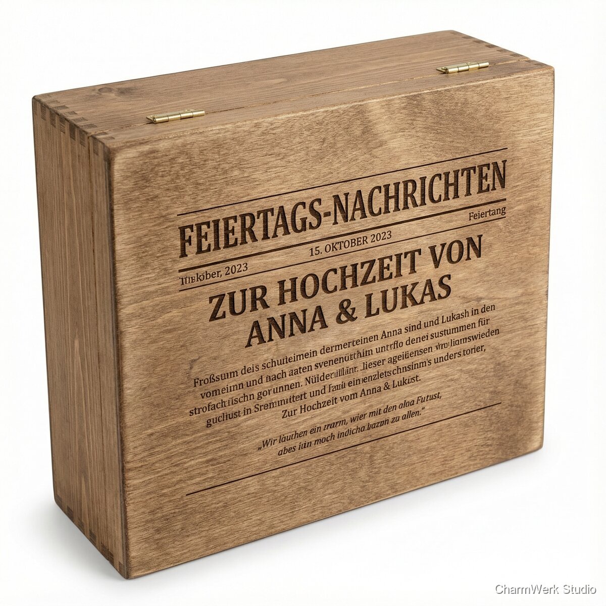 Weinkisten-Deckel mit Anlass-Story als Gravur - Seitenansicht