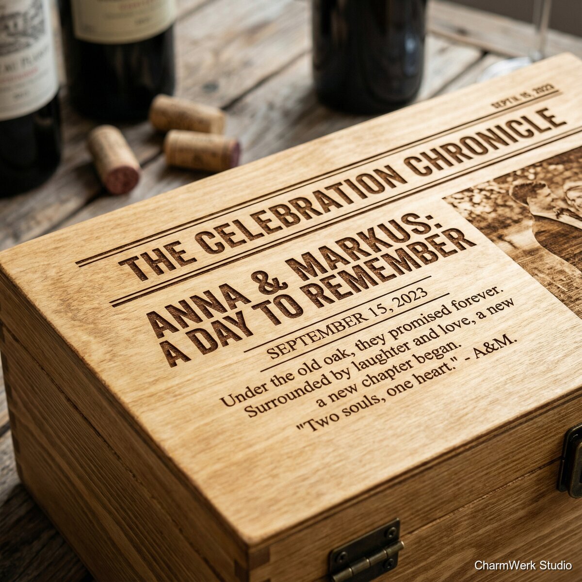 Weinkisten-Deckel mit Anlass-Story als Gravur - Detailansicht