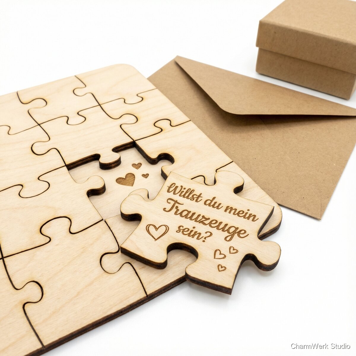 Puzzle-Postkarte aus Holz mit Liebesbotschaft - Seitenansicht