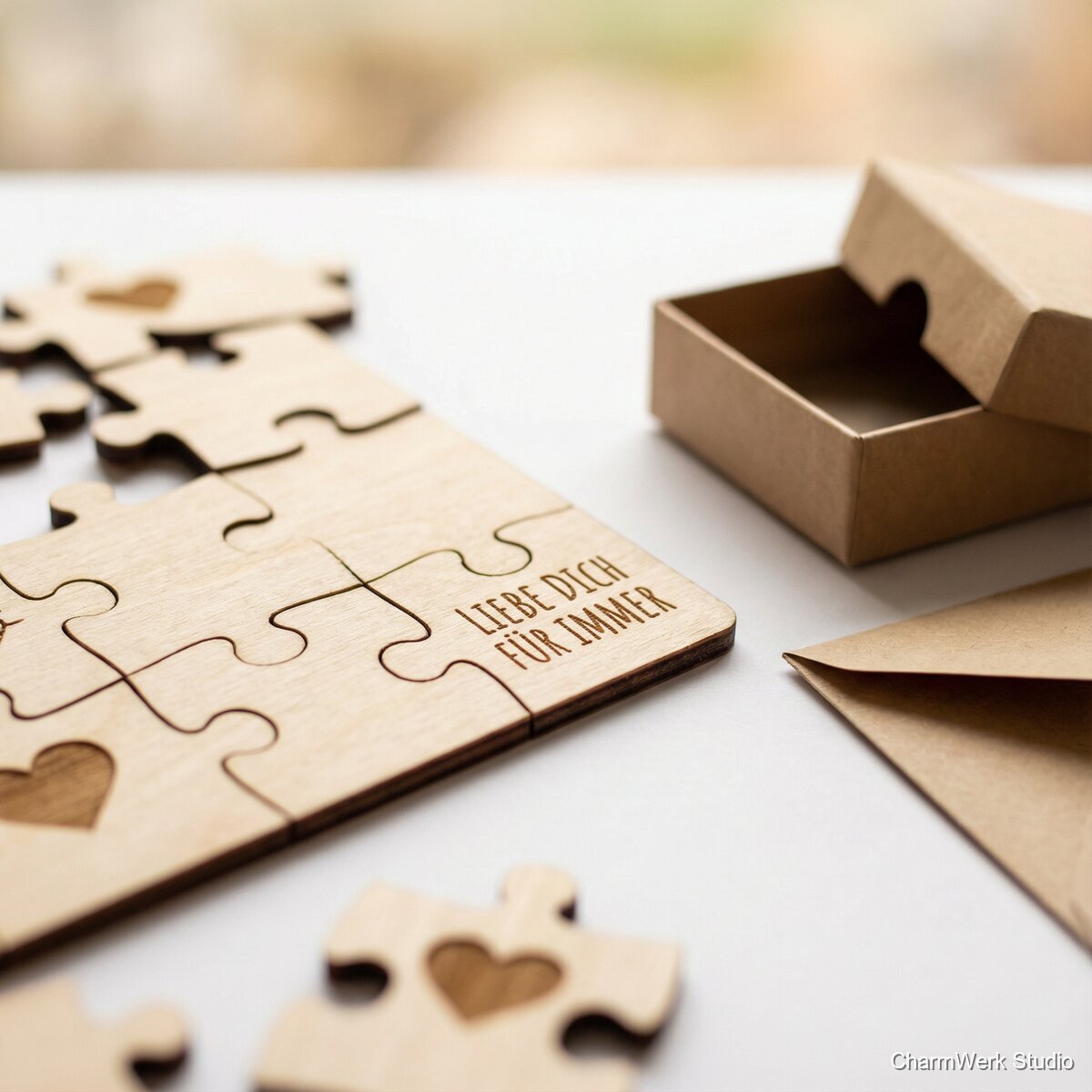 Puzzle-Postkarte aus Holz mit Liebesbotschaft - Detailansicht