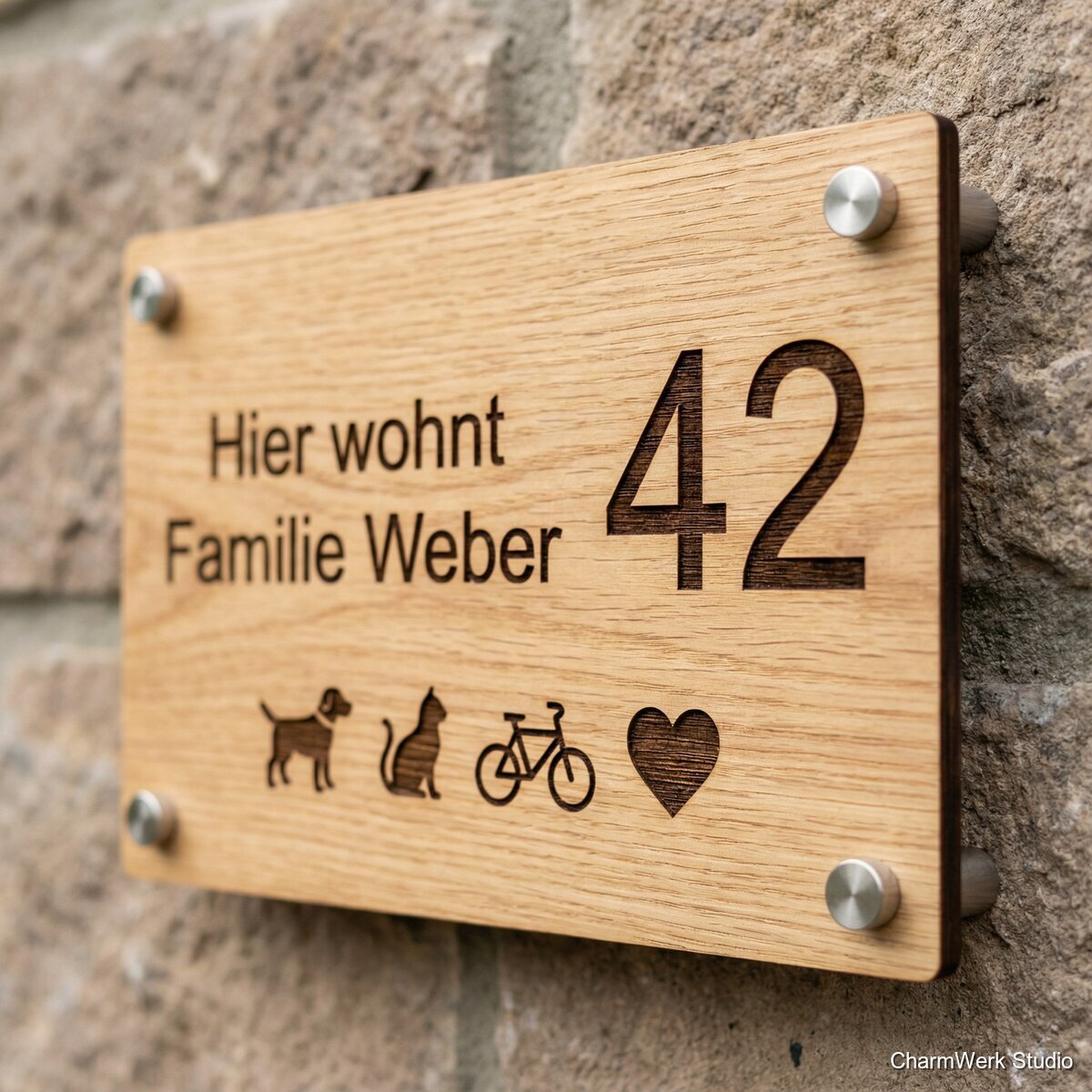 Türschild „Hier wohnt…“ mit Hausnummer & Icons - Detailansicht