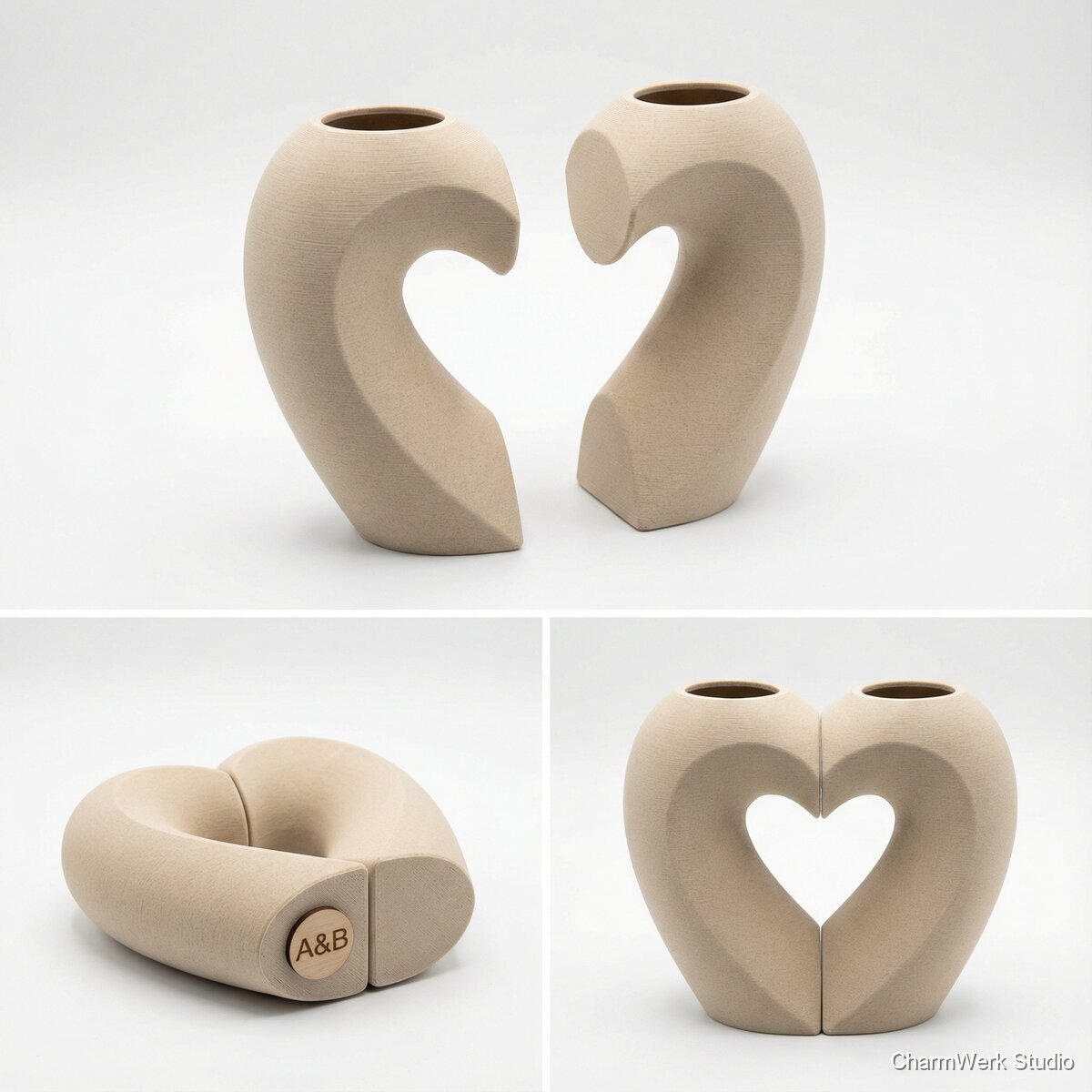 3D-gedrucktes „Zwei Herzen“-Vasenpaar - Seitenansicht