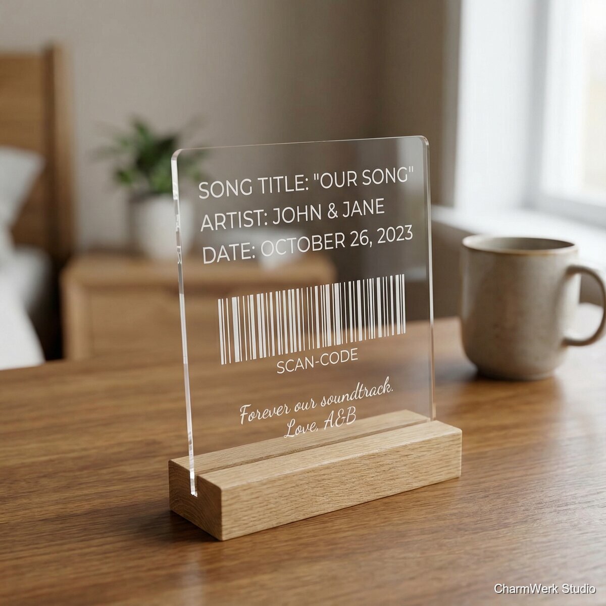 Acryl-Tischaufsteller mit Songcode & Widmung - Detailansicht