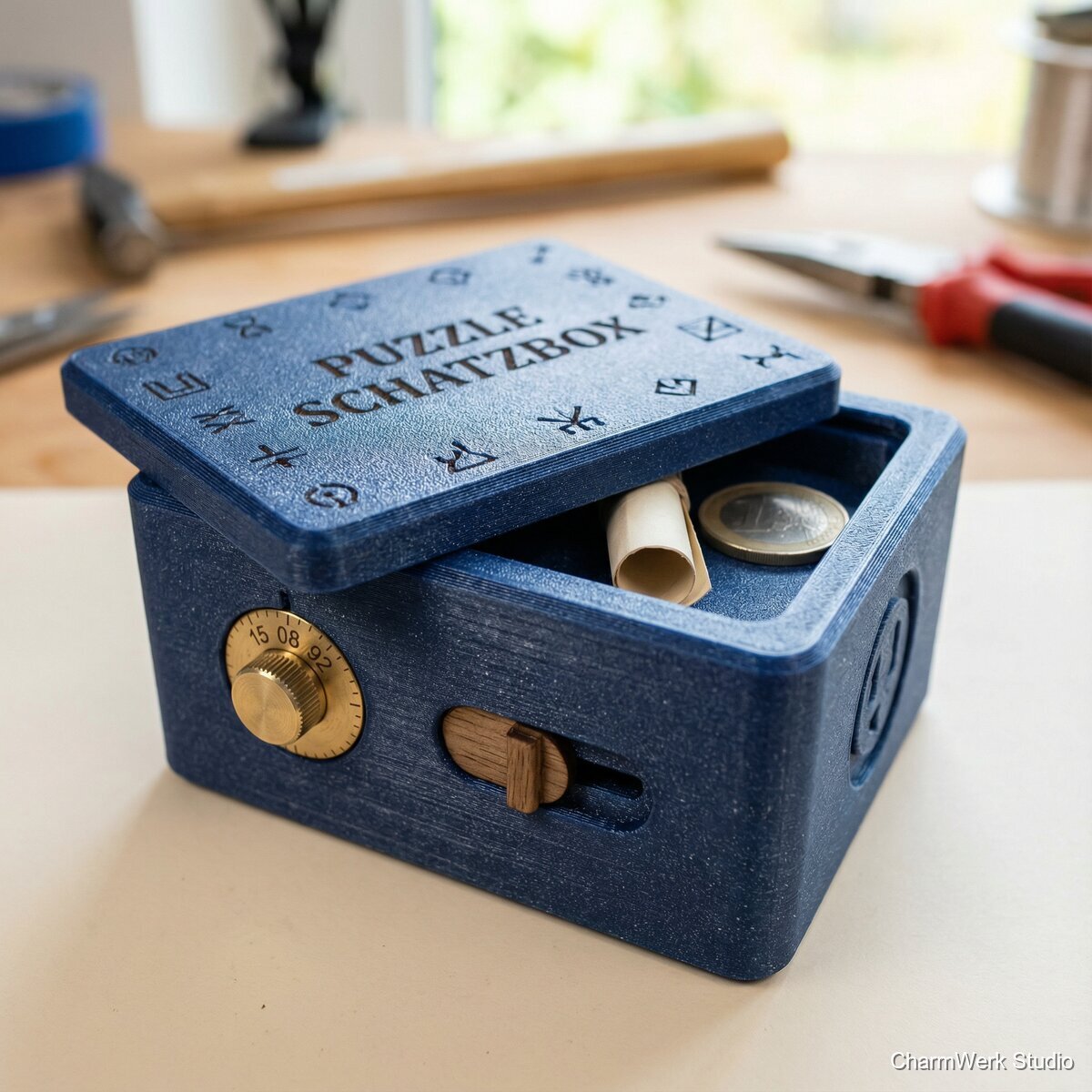 Puzzle-Schatzbox mit Geheimfach und Code - Detailansicht