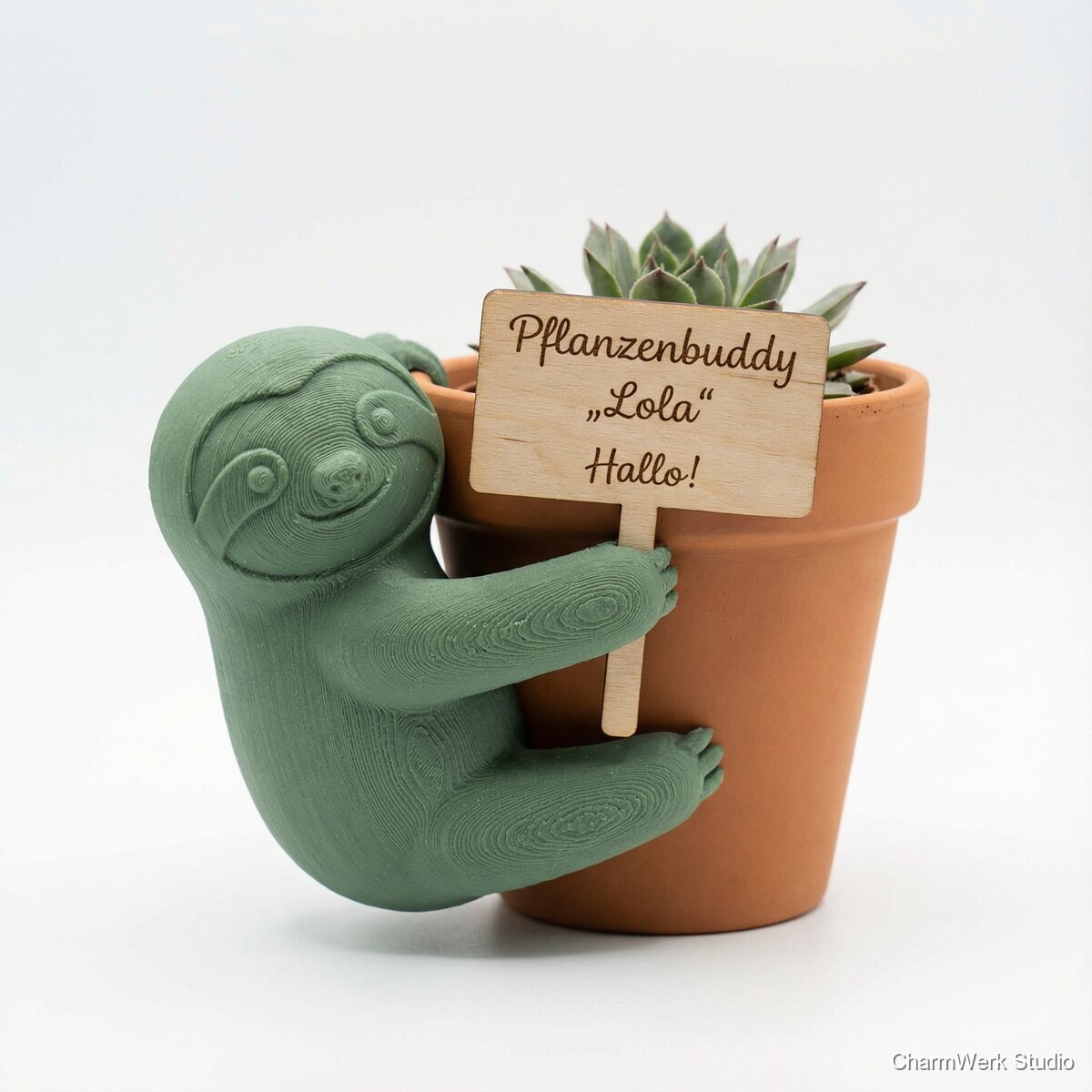 Kleiner Pflanzenbuddy mit Namensschild - Seitenansicht