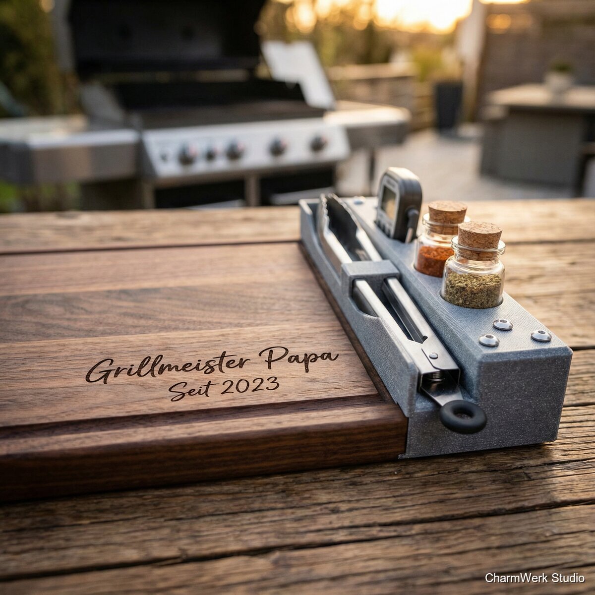 Grillmeister-Set mit Namensbrett und Tool-Halter - Detailansicht