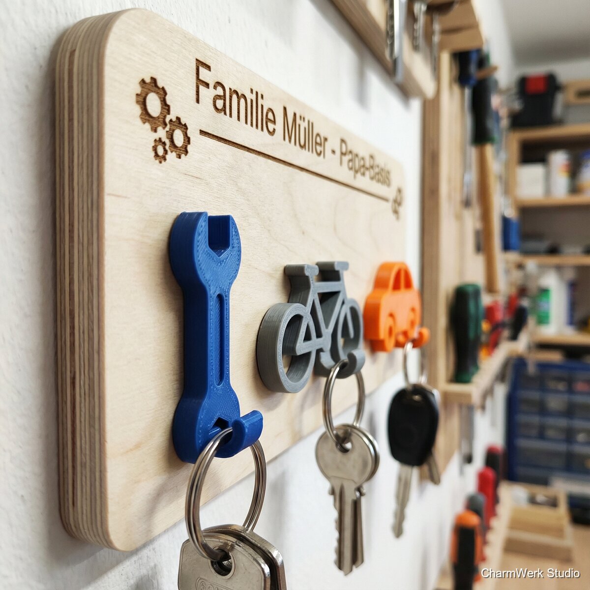 Schlüsselbrett „Papa-Basis“ mit 3D-Clip-Figuren - Detailansicht