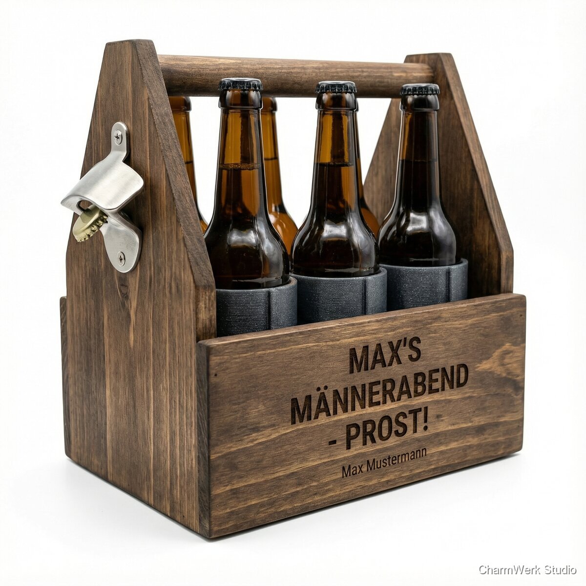 Personalisiertes Bierträger-Set mit Flaschenöffner - Seitenansicht