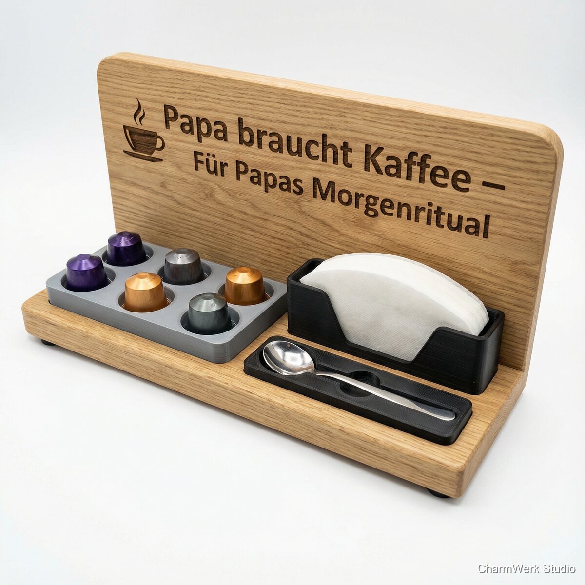 Kaffeebar-Ministation „Papa braucht Kaffee“ - Seitenansicht