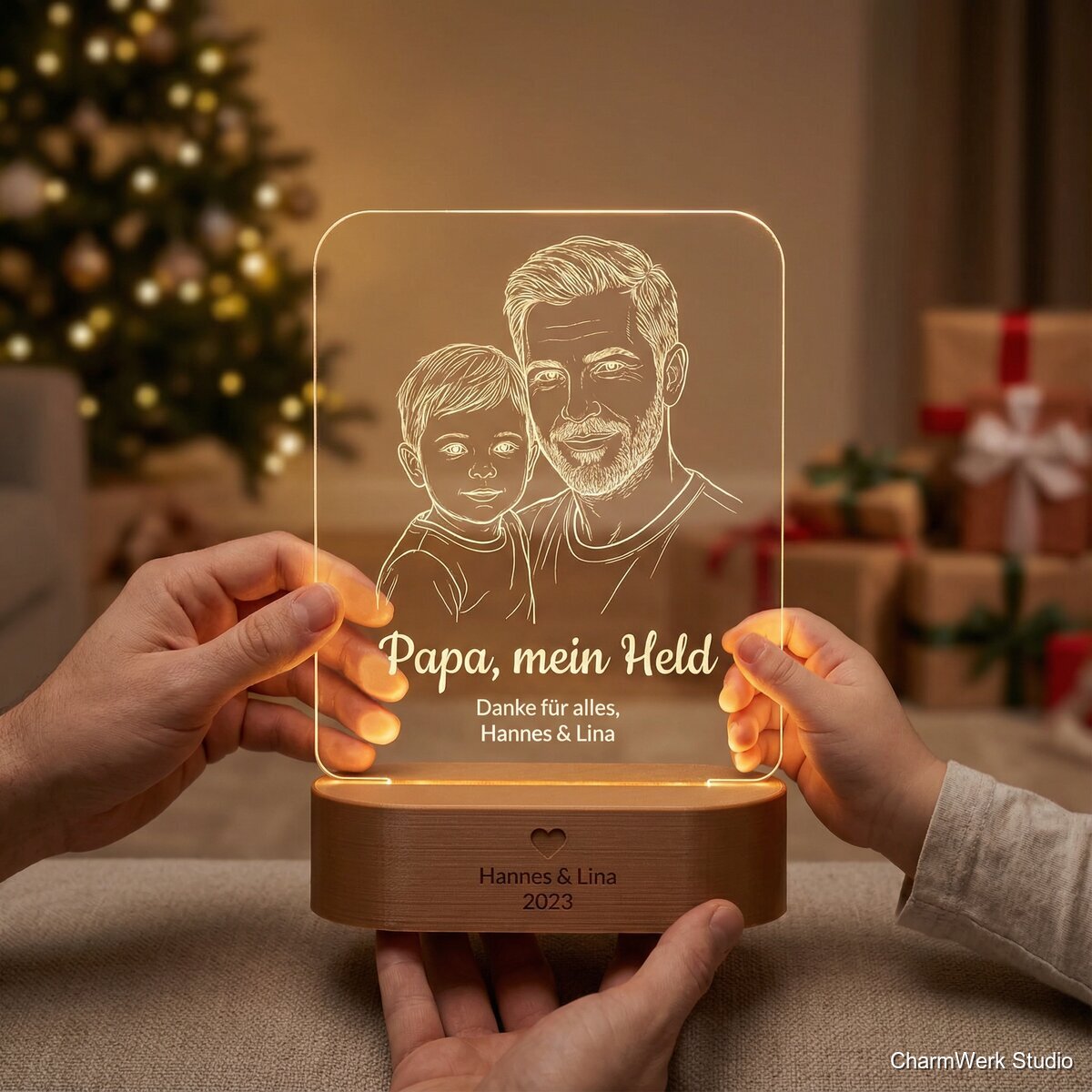 Foto-Nachtlicht „Papa, mein Held“ mit 3D-Sockel - Lifestyle