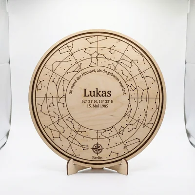 Lasergravierte Sternkarte des Geburtstagsabends