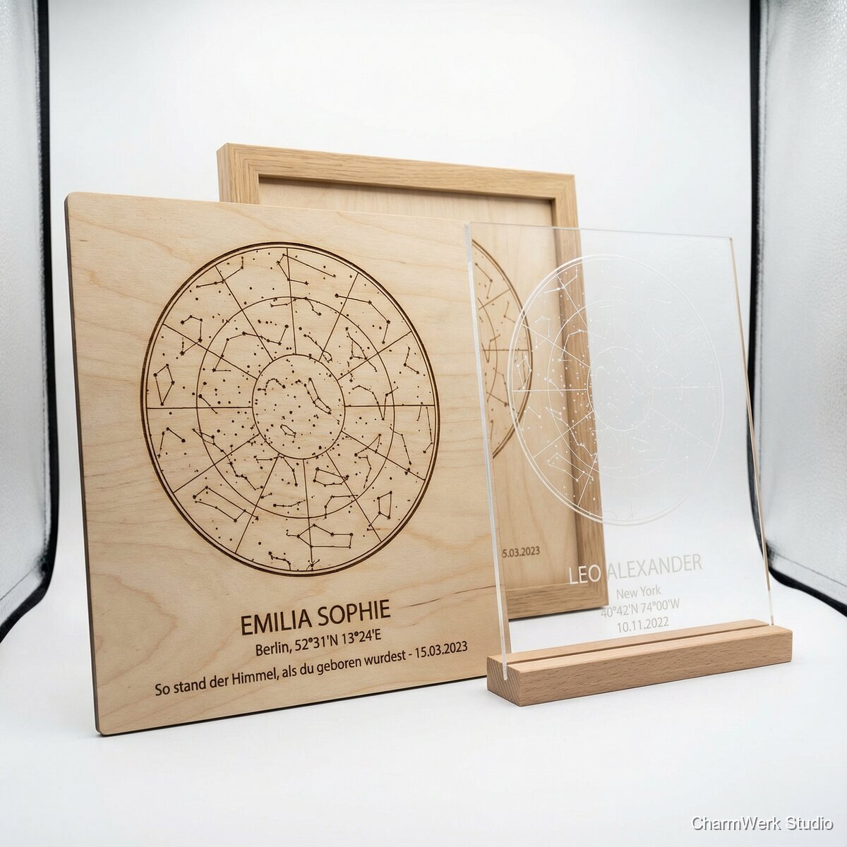 Lasergravierte Sternkarte des Geburtstagsabends - Seitenansicht